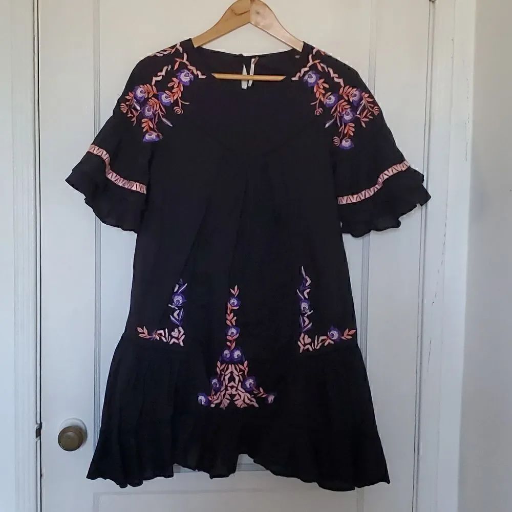 Free People Pavlo Babydoll Black Embroidered Dress Size S